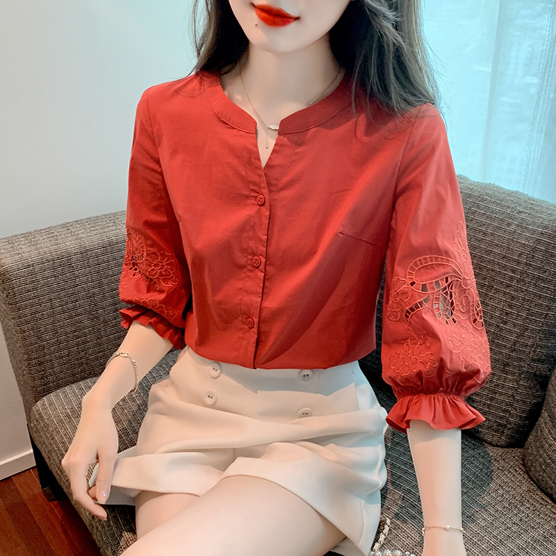 MY1143# 重工刺绣复古泡泡袖衬衫女设计高级感别致上衣女裝貨源服裝批發