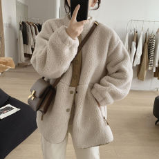 批发韩国羊羔毛外套女秋冬加厚宽松显瘦立领设计感羊羔绒皮毛一体大衣