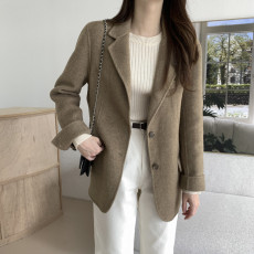 批发韩国chic春季新款翻领优雅百搭风气质长袖简约<b class='q'>时尚</b>毛呢西装外套女
