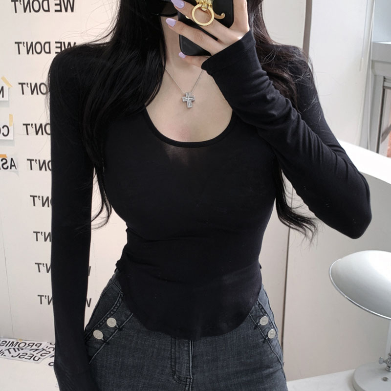 Pure lust style U-neck irregular bottoming shirt long-sleeved slim T-shirt for women autumn sexy breast-showing large curved hem top