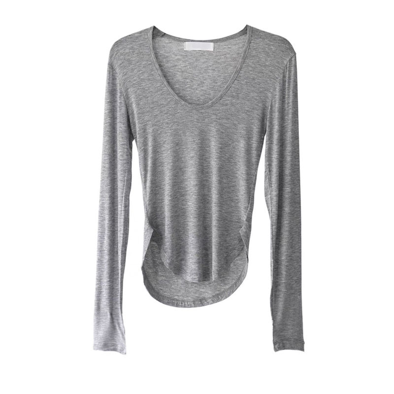 Pure lust style U-neck irregular bottoming shirt long-sleeved slim T-shirt for women autumn sexy breast-showing large curved hem top