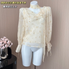 ByYou 夏季新款泡泡袖法式碎花雪纺衫女短款显瘦高级衬衫别致上衣