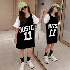 批发[6535拉架棉]女童<b class='q'>连衣裙</b>运动篮球服体恤儿短袖长T裙子<b class='q'>连衣裙</b>童装