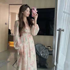 8171#高级感小众设计仙女飘飘气质长款裙法式碎花泡泡袖连衣裙