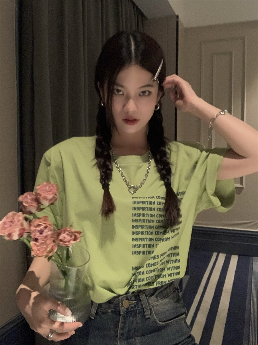 재고 있음 실사 아메리칸 레트로 알파벳 프린트 루즈핏 다용도 티셔츠 여성