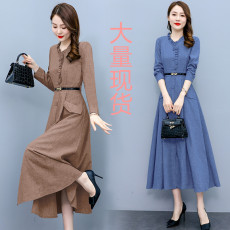 批发实拍2026春季新款流行裙子亚麻收腰显瘦气质长袖棉麻<b class='q'>连衣裙</b>