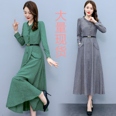 批发实拍2026春季新款流行裙子亚麻收腰显瘦气质长袖棉麻<b class='q'>连衣裙</b>