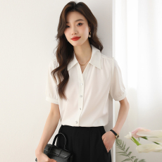 批发实拍*蓝色雪纺短袖衬衫女夏季V领衬衣职业气质宽松泡泡袖上衣