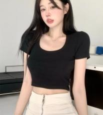 性感紧身上衣纯欲风显瘦女T恤U领露脐短袖打底衫露锁骨弹力