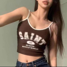 批发2026夏季新款 撞色复古吊带背心<b class='q'>修身</b>显瘦露脐字母印花上衣