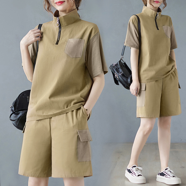 RM14783#纯棉休闲套装女夏季2023新款韩版宽松立领时尚显瘦两件套