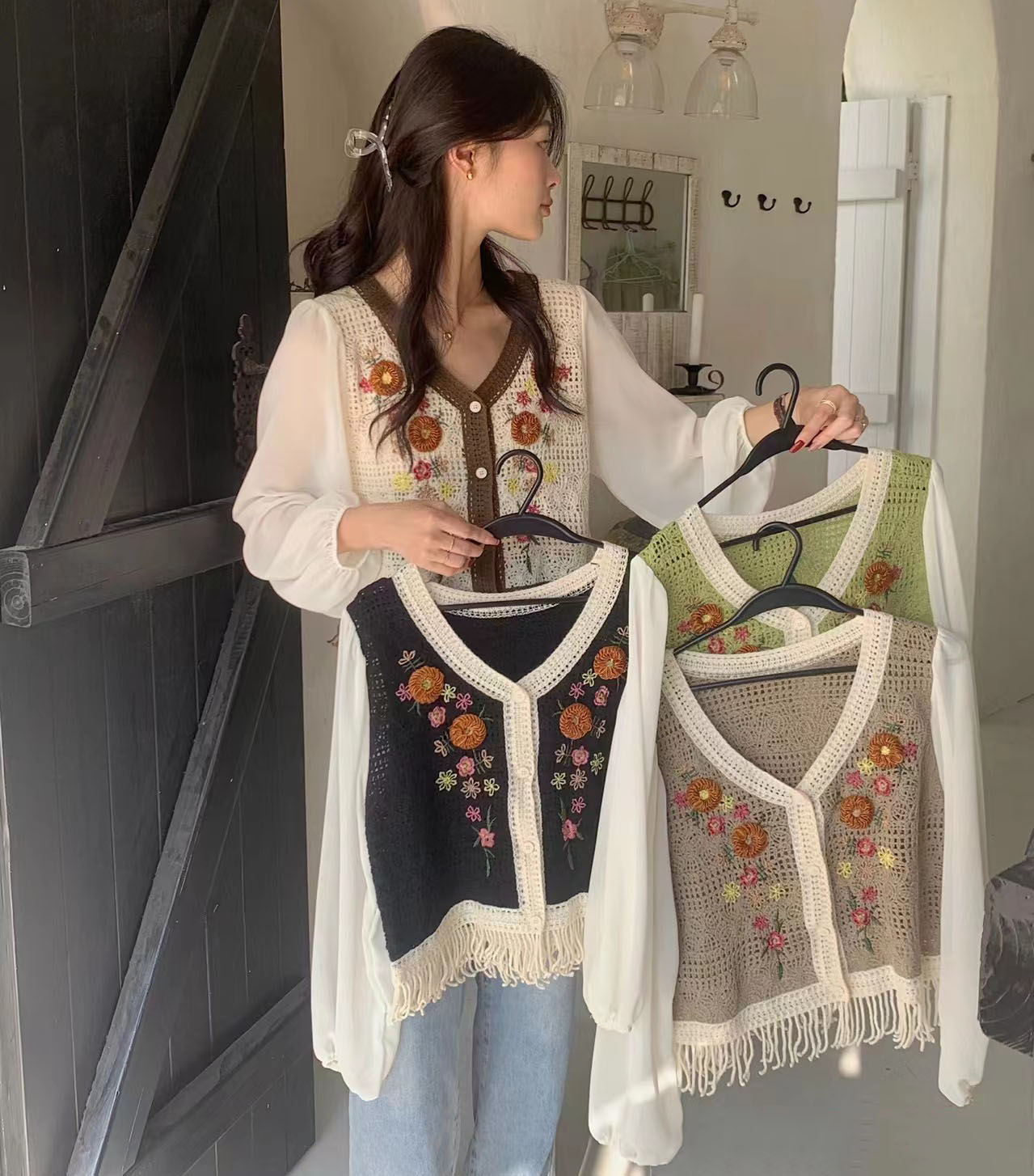 봄 가을 디자인 센스 작은 대중 레트로 자수 버블 소매 길이 반드시 쉬폰 V넥 오픈 가디건 맨위 여성