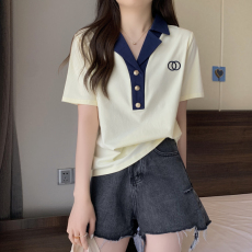 实拍#短袖T恤女2023年韩版拼色小翻领气质显瘦刺绣上衣