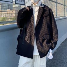 批发实拍情侣西装chic拼接设计感黑色简约潮牌美式休闲立领休闲外套