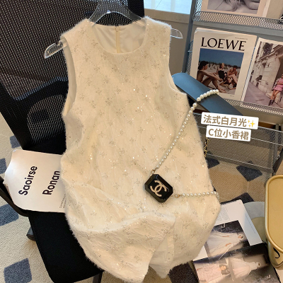 法式重工钉珠亮片背心连衣裙女夏2023新款时尚甜美气质无袖a字裙