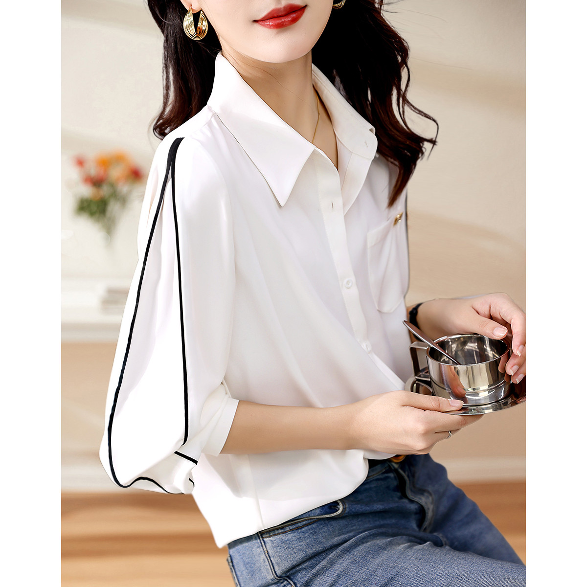라인 디자인 26 년 가을 새로운 한국 스타일 품격 출퇴근 미니멀리즘 명중 색상 감각 다용도 셔츠 여성