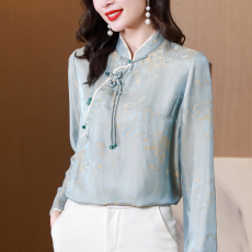 实拍新中式真丝上衣女2023春新款国风复古盘扣改良旗袍桑蚕丝立领