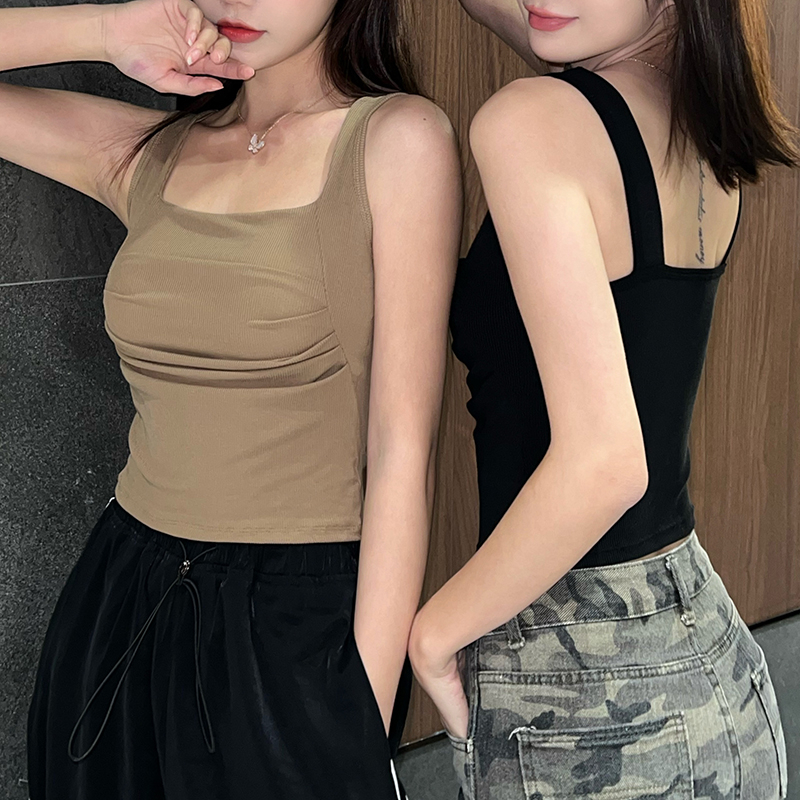 辣妹吊帶背心女帶胸墊夏內搭外穿白色無袖黑色打底短款褶皺上衣
