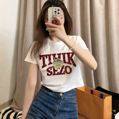 40支210g纯棉短袖T恤女bm潮牌设计感韩版打底衫印花露脐短款t上衣
