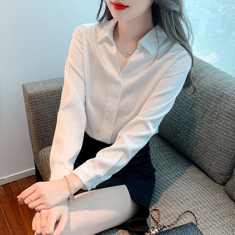 PF29785#简约大方蓝色缎面衬衫女装显瘦长袖洋气质方领雪纺衫上衣女裝貨源服裝批發
