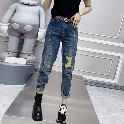 大码女装破洞牛仔裤女春秋2023年新款胖mm显瘦萝卜裤高腰哈伦裤潮