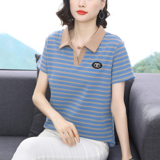 批发春季polo领短袖t恤女2026新款中老年<b class='q'>妈妈</b>条纹纯棉大码休闲上<b class='q'>衣服</b>