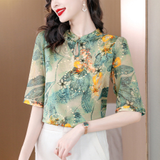 批发实拍<b class='q'>真丝</b>小衫t恤女秋季重磅桑蚕丝衬衫盘扣中国风高级感短袖上衣