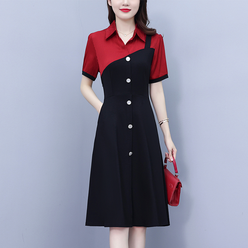 MY1326# 时尚洋气大码女装胖mm拼接中长款修身显瘦短袖打底连衣裙夏季女裝貨源服裝批發