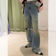 iuiu阿晶 破洞牛仔裤女2023新款小众设计复古直筒高腰拖地阔腿裤
