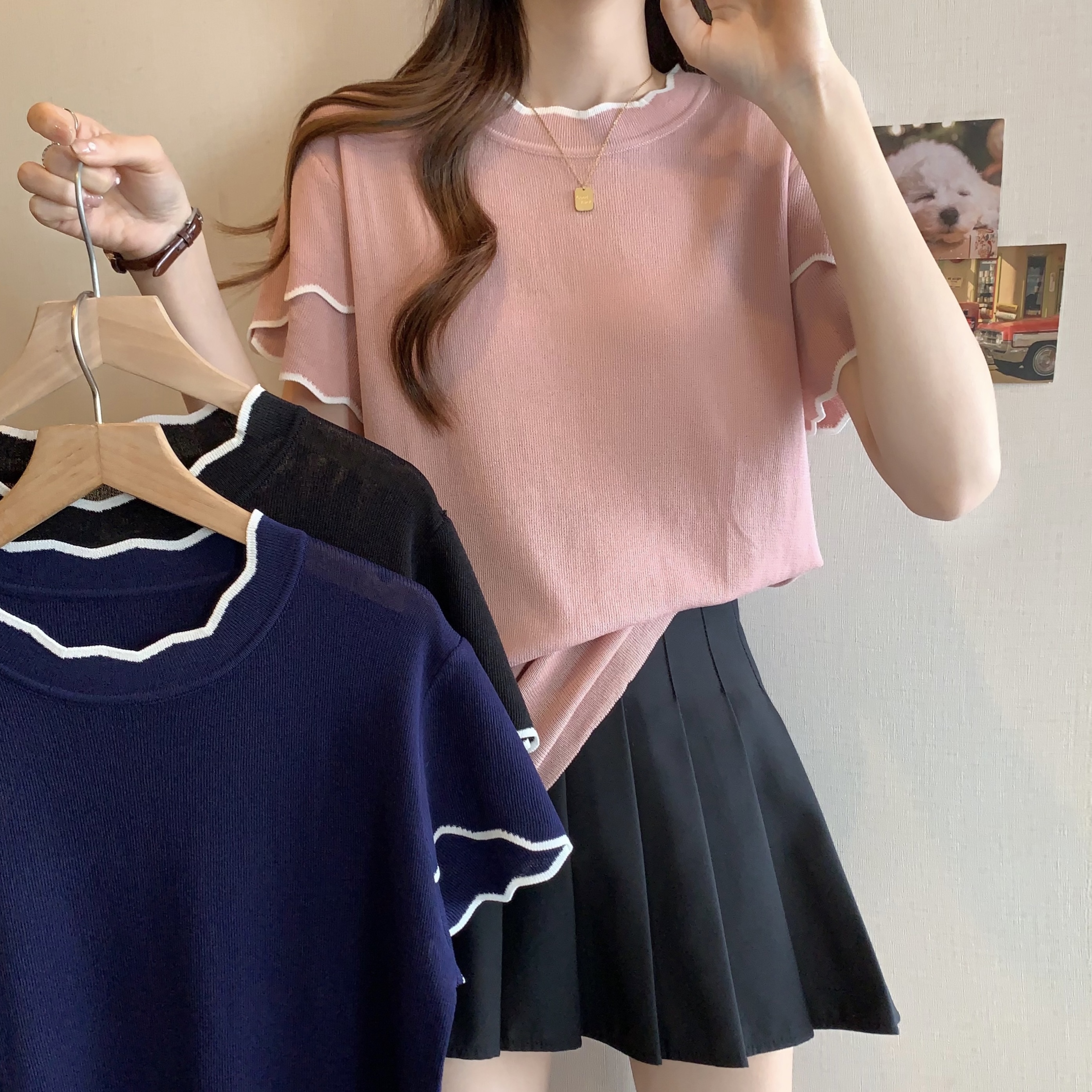 실사 2026 년 빅 사이즈 여성 의류 여름 새로운 얼음 실크 니트 맨위 지방 mm 자매 슬림해 보이는 반소매 티셔츠