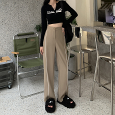 卡其色条纹高腰阔腿裤女春季梨型身材大码女裤宽松显瘦休闲西装裤