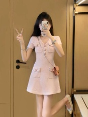小香风连衣裙女装夏季2023年新款收腰显瘦名媛气质高级感粉色裙子