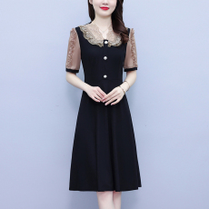 批发新款<b class='q'>夏装</b>女时尚拼接收腰显瘦法式小黑裙<b class='q'>连衣裙</b>简约超修身荷叶边裙