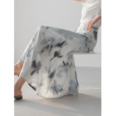 批发实拍#水墨印花高腰a字<b class='q'>半身</b>裙女春秋大摆裙复古气质中长款半裙