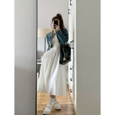 新款毛边牛仔外套女春美式复古上衣+温柔白月光白色裹胸裙两件套