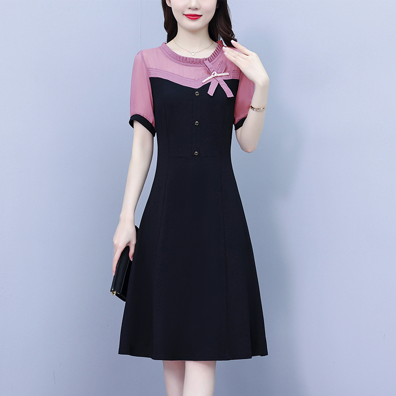 MY323#女装法式小黑裙新款夏季时尚拼接收腰显瘦连衣裙简约淑女短袖女裝貨源服裝批發