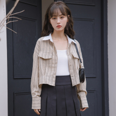 批发实拍 秋季新款小个子条纹长袖衬衫女短款设计感小众别致<b class='q'>上衣</b>