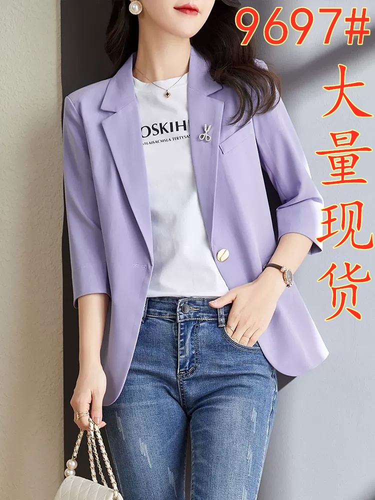 PF8935#紫色小西装外套女2024新款夏薄款设计感小众七分袖休闲小个子西服女裝貨源服裝批發