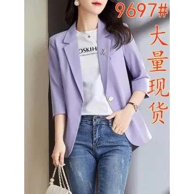 紫色小西装外套女2024新款夏薄款设计感小众七分袖休闲小个子西服