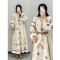 波西米亚民族风刺绣长袖V领连衣裙女春季法式复古长裙+披肩两件套轮播图2