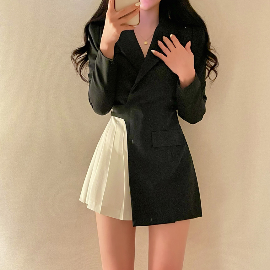 있음 선적 측면 버클 패치워크 색상 플리츠 정장 드레스