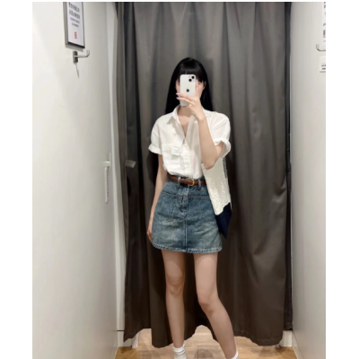 白色衬衫牛仔半身裙两件套春季小个子港风复古小洋装盐系穿搭套装
