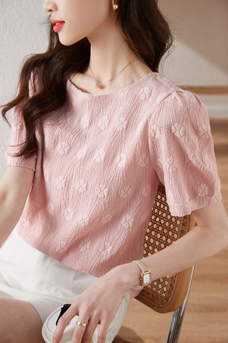 실사 2025 핑크색 거품 소매 쉬폰 톱 여성 여름 Chic 디자인 센스 작은 대중 반팔 셔츠