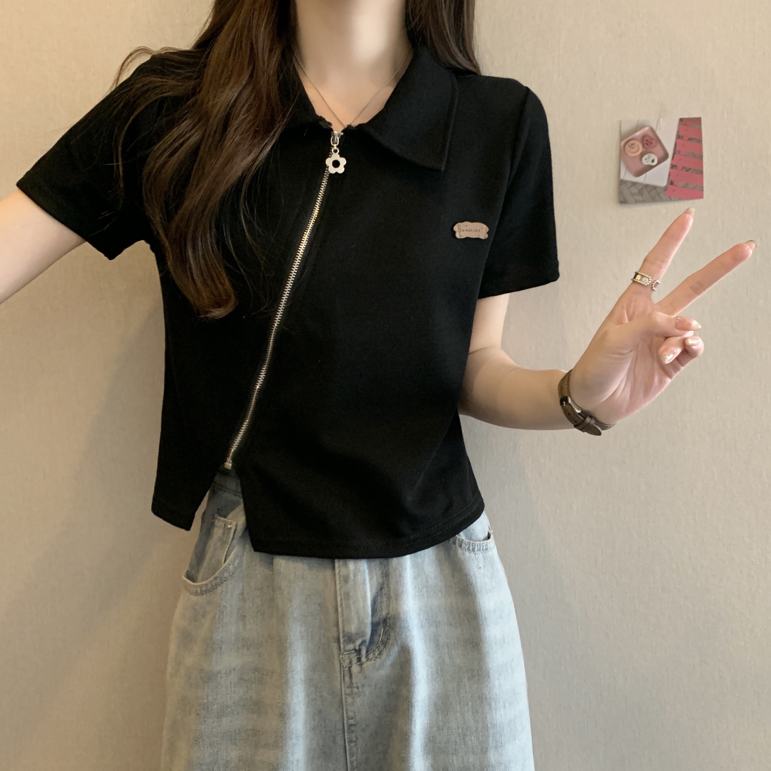 실사 정가 디자인 센스 작은 대중 긍정적 인 어깨 POLO 칼라 반팔 티셔츠 여성 지방 mm 여름 핫걸 몸매 가꾸기 슬림해 보이는 맨위