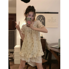 批发实拍韩版棉纱卡通<b class='q'>印花</b>夏日短袖舒适宽松睡裙家居服<b class='q'>套装</b>睡衣