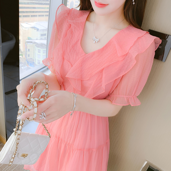 RM14456#法式小众V领雪纺连衣裙女夏季新款薄款设计感收腰荷叶边粉色茶...