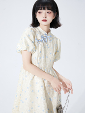 新中式改良旗袍裙夏季中长款高腰蝴蝶结气质花苞袖连衣裙