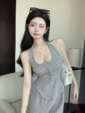实拍实价~慵懒且有态度灰色挂脖上衣辣妹性感背心休闲裤套装