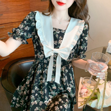 实拍现货巴黎少女法式海军领黑色碎花连衣裙裙女春蝴蝶结气质裙子