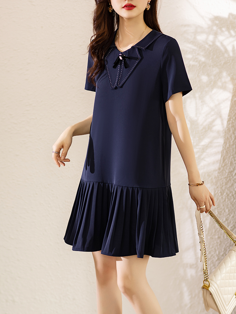 MY1433#夏季女装娃娃领连衣裙夏气质宽松拼接百褶裙女裝貨源服裝批發